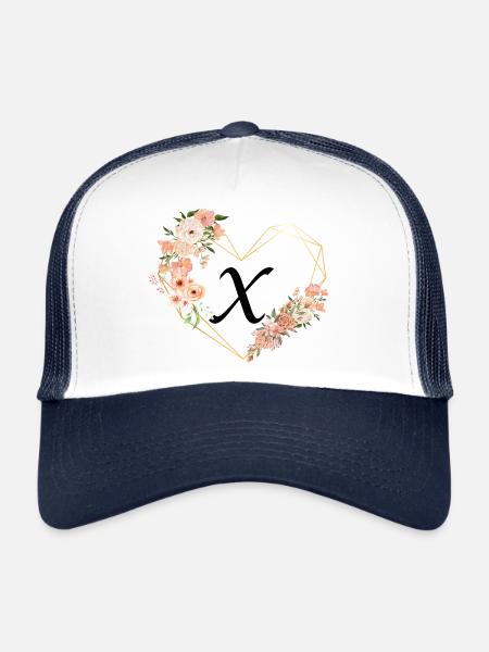 Lettre x cœur doré floral - Casquette trucker  - blanc/marine - Devant