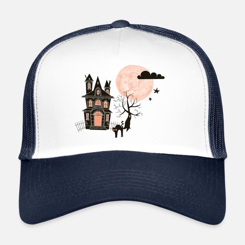 Halloween Illustration Katze Haus Mond Geschenk - Trucker Cap - Weiß/Navy