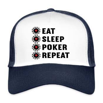 Eat sleep poker repeat mit Pokerchips - Trucker Cap - Weiß/Navy - Vorne