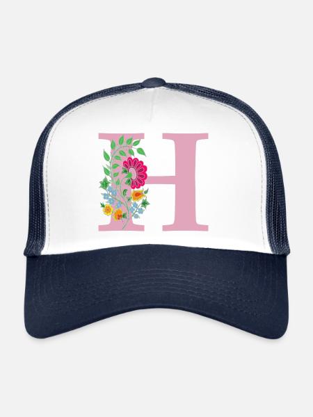 fleur 12 rouge avec h - Casquette trucker  - blanc/marine - Devant