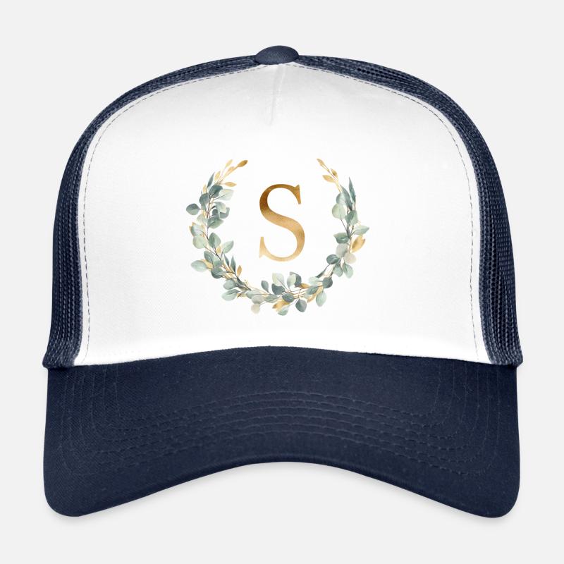 S Monogram Eucalyptus Wreath - Trucker Cap - white/navy