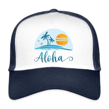 Aloha Surfing Hawaii Surfer Beach Palm Tree Sun - Trucker Cap - white/navy - Front