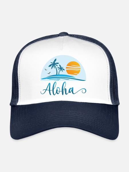 Aloha Surfing Hawaii Surfer Beach Palm Tree Sun - Trucker Cap - white/navy - Front