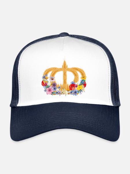 Couronne de blé avec des fleurs – symbole de la nature et de la récolte - Casquette trucker  - blanc/marine - Devant