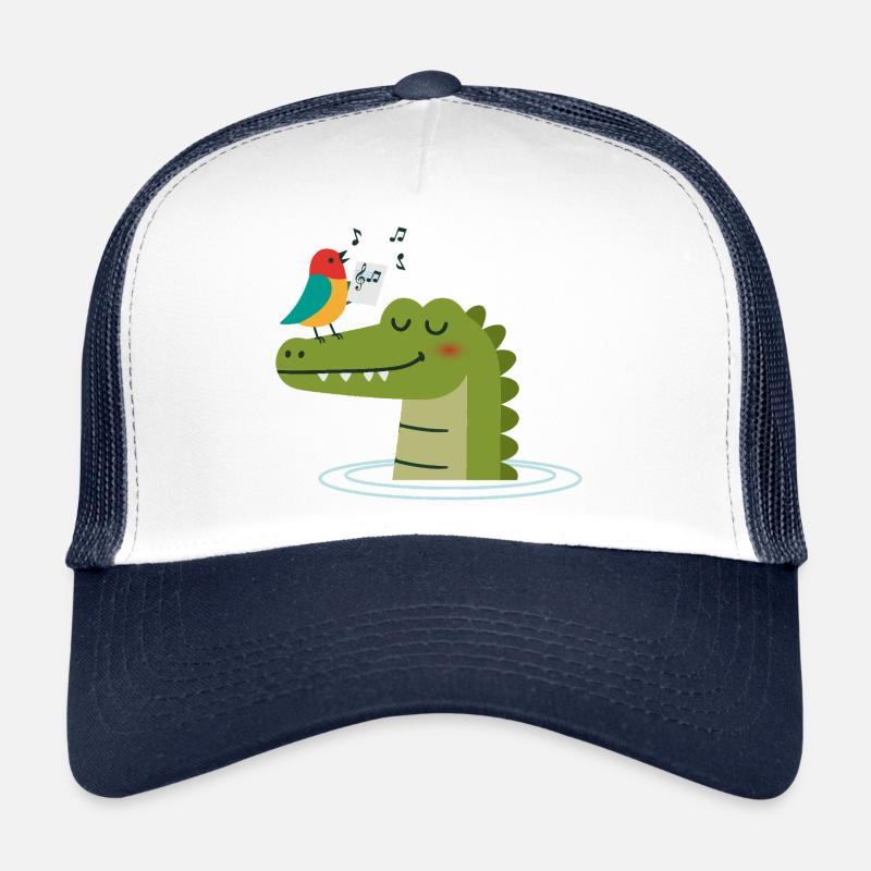 Singender Vogel auf Krokodil – Tierische Harmonie - Trucker Cap - Weiß/Navy