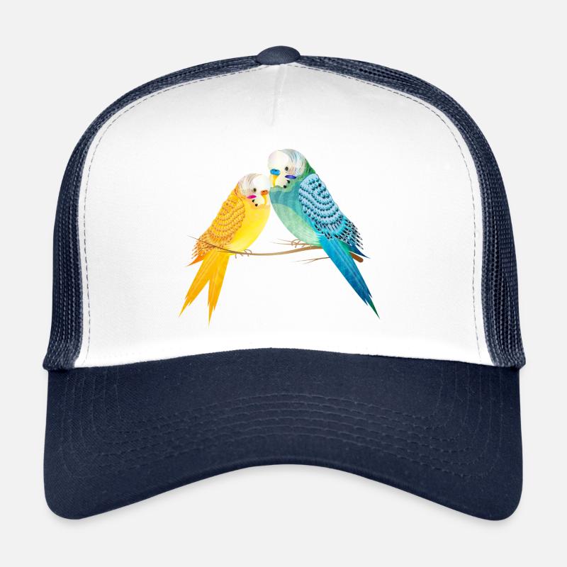 Zwei Wellensittiche auf Ast in Pastellfarben - Trucker Cap - Weiß/Navy