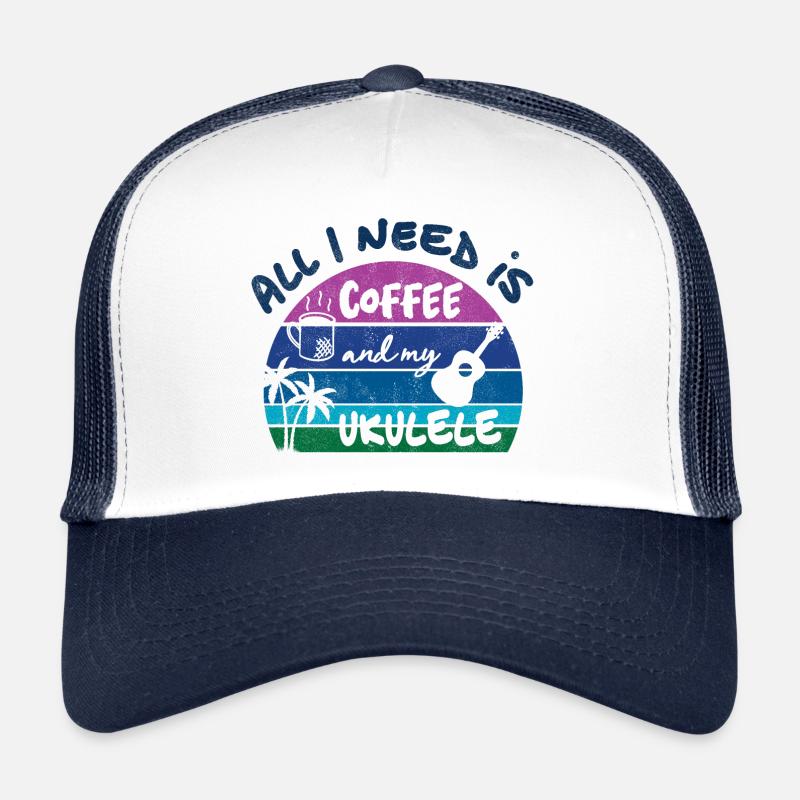 All I need is coffee and my Ukulele - retro sunset Trucker Cap