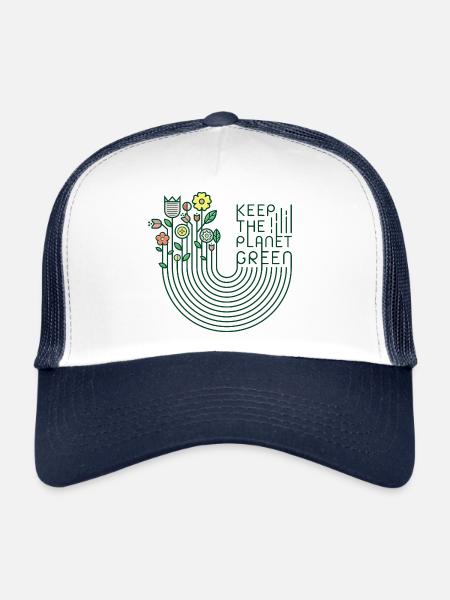 Fleurs et lettrage (garder le vert, minimal) - Casquette trucker  - blanc/marine - Devant