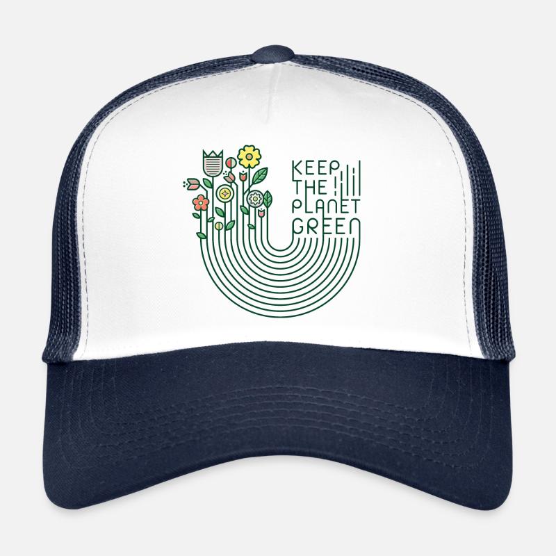 Blumen & Schriftzug (Keep Green, minimal) - Trucker Cap - Weiß/Navy