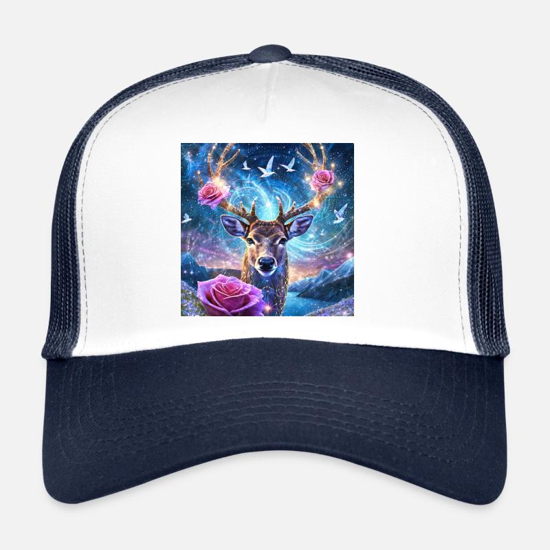 03 Magischer Hirsch Hirschkopf Rosen Blumen Berge - Trucker Cap - Weiß/Navy