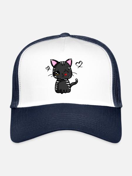 Kawaii cat with kissing mouth (black) | Kawaii animals - Trucker Cap - white/navy - Front