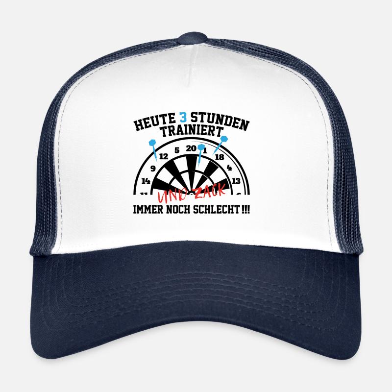 Trainiert Geschenk Spruch Darts Wurfspieß - Trucker Cap - Weiß/Navy