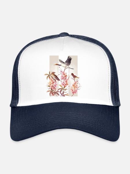 Fleurs asiatiques Oiseaux Aquarelle - Casquette trucker  - blanc/marine - Devant