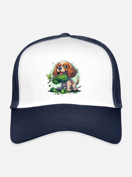 Le chien mignon Cocker Spaniel mange des légumes au brocoli - Casquette trucker  - blanc/marine - Devant