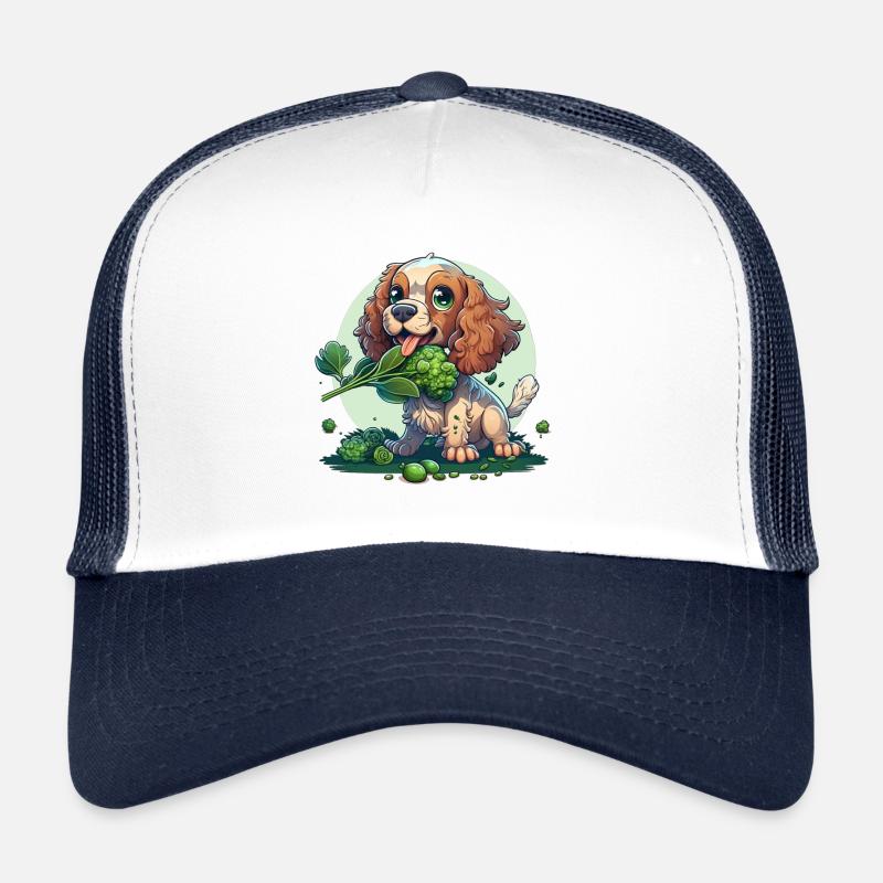 Süßer Hund isst grünen Broccoli grünes Gemüse Trucker Cap