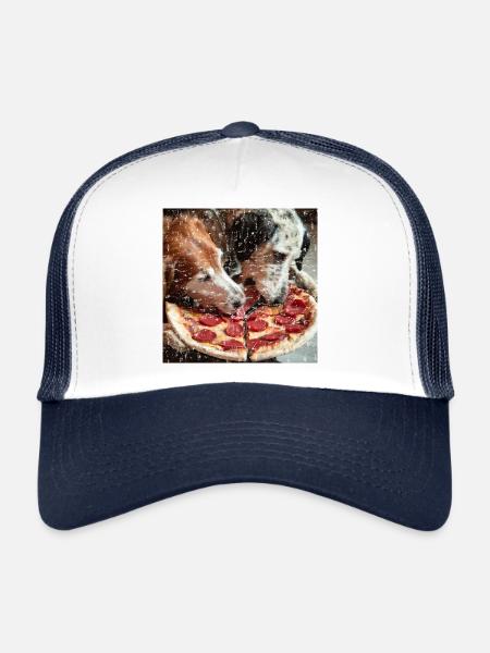 Deux chiens mangeant de la pizza salami - Casquette trucker  - blanc/marine - Devant
