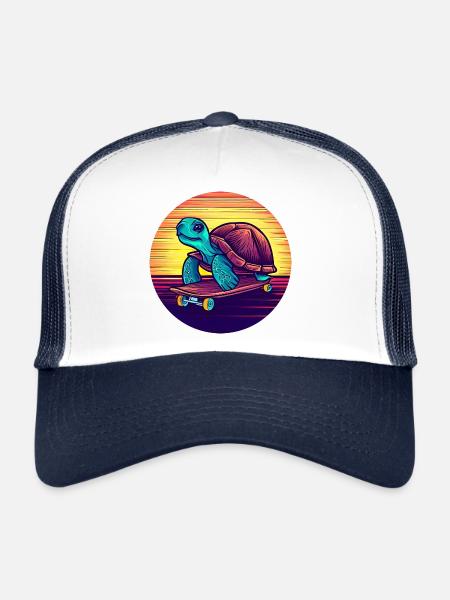Turtle rides on a skateboard sunset - Trucker Cap - white/navy - Front