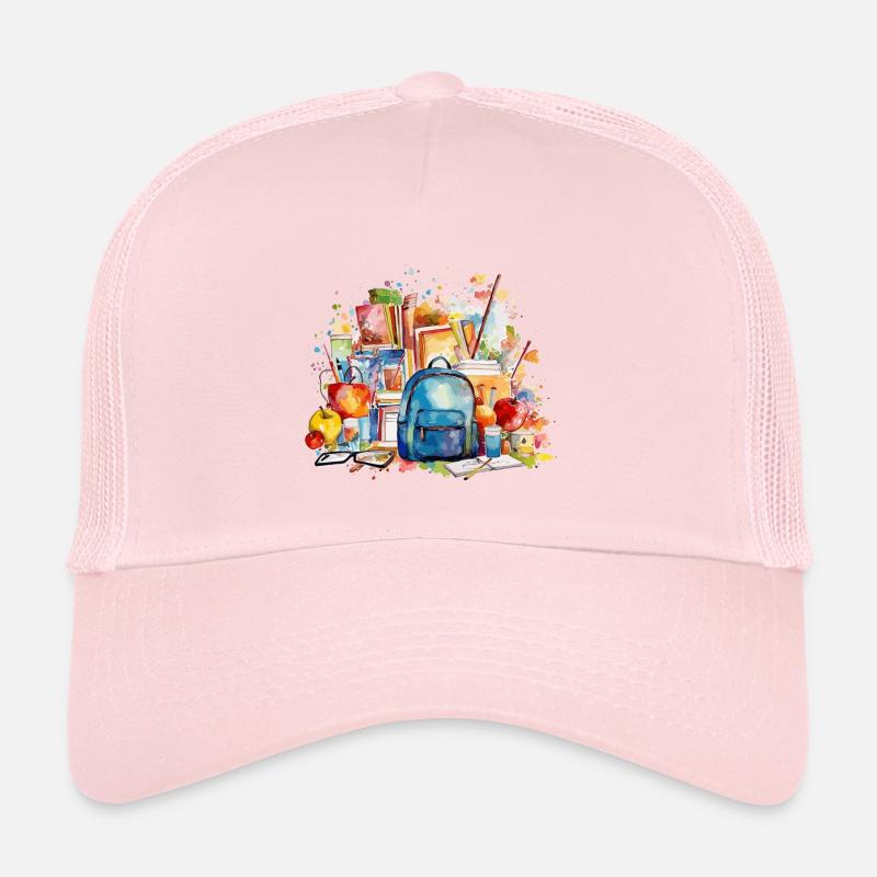 Aquarell Schultasche und Bücher Illustration Trucker Cap