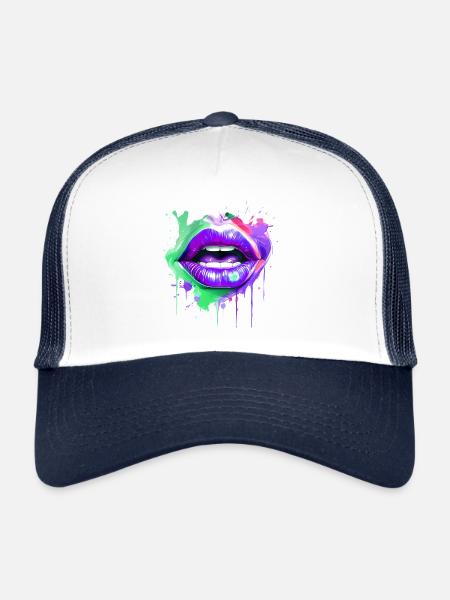 Colorful Lips Kissing Mouth Woman Face Gift Idea - Trucker Cap - white/navy - Front