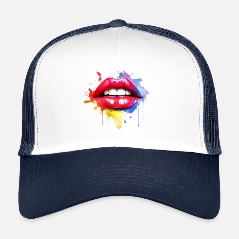 Bunte Lippen Kussmund Frauengesicht Geschenkidee - Trucker Cap - Weiß/Navy