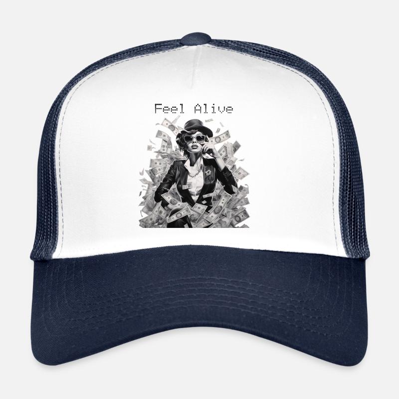 Frau mit Sonnenbrille Lederjacke Geld Feel Alive Trucker Cap