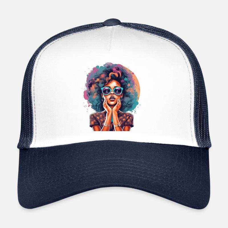Afro Pop Portrait with Neon Glasses - Trucker Cap - white/navy