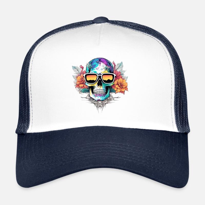 Funky Peace Skull - Totenkopf Sonnenbrille und Blumen - Trucker Cap - Weiß/Navy