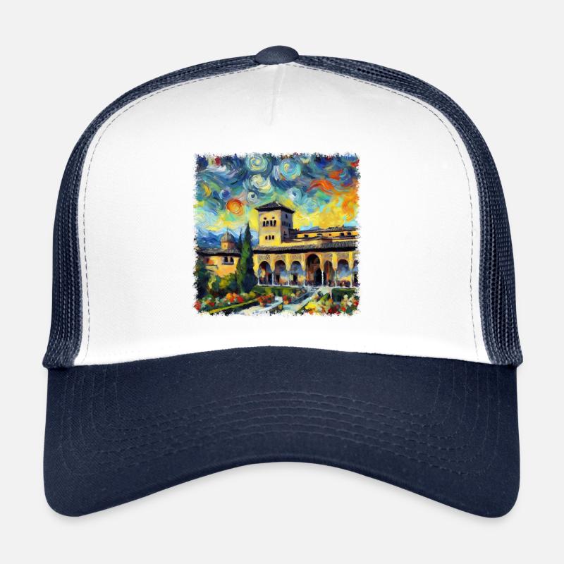 Ikonischer Alhambra-Palast im Van-Gogh-Stil - Trucker Cap - Weiß/Navy
