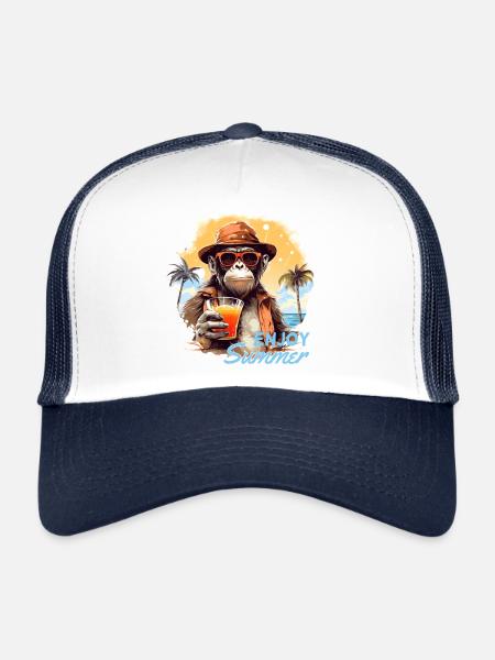 Singe cool avec boisson Drôle d’animaux chimpanzé - Casquette trucker  - blanc/marine - Devant