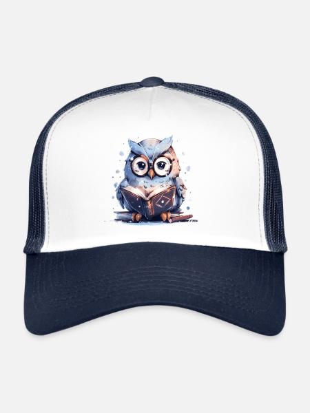 Cute Owl Book Reading Fan Books - Trucker Cap - white/navy - Front