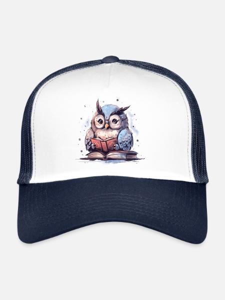 Cute Owl Book Reading Fan Books - Trucker Cap - white/navy - Front