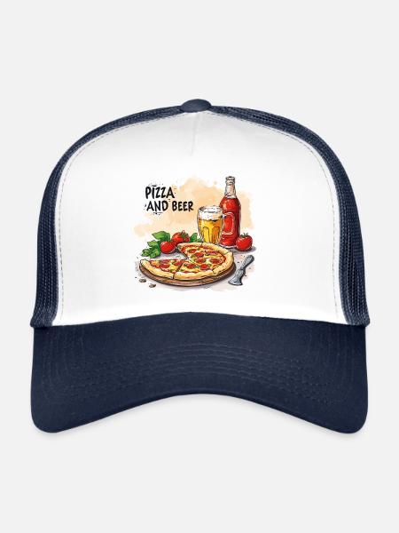 Pizza et bière Nourriture Alcool Dictons drôles - Casquette trucker  - blanc/marine - Devant