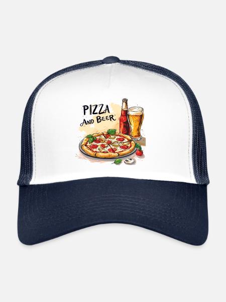Pizza et bière Nourriture Alcool Dictons drôles - Casquette trucker  - blanc/marine - Devant
