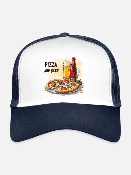 Pizza et bière Nourriture Alcool Dictons drôles - Casquette trucker  - blanc/marine - Devant