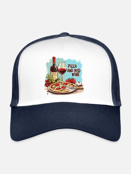 Pizza and Wine Food Alcohol - Trucker Cap - white/navy - Front