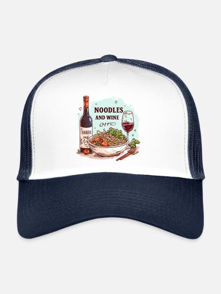 Nouilles et vin Nourriture Alcool Dictons drôles - Casquette trucker  - blanc/marine - Devant