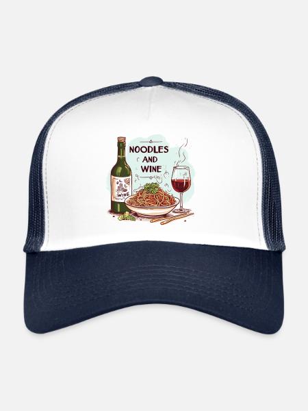 Nouilles et vin Nourriture Alcool Dictons drôles - Casquette trucker  - blanc/marine - Devant