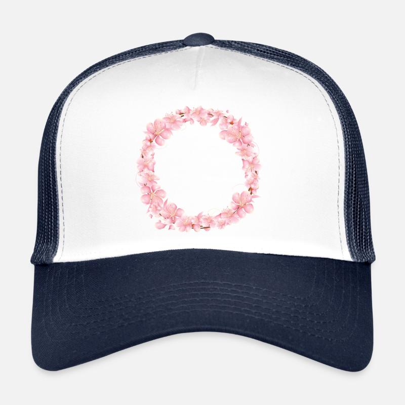 Lyserøde blomster krans til forårsdekoration - Trucker cap - hvid/marineblå