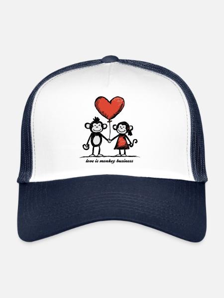 Singes Amoureux Bâton Figure Couple - Casquette trucker  - blanc/marine - Devant