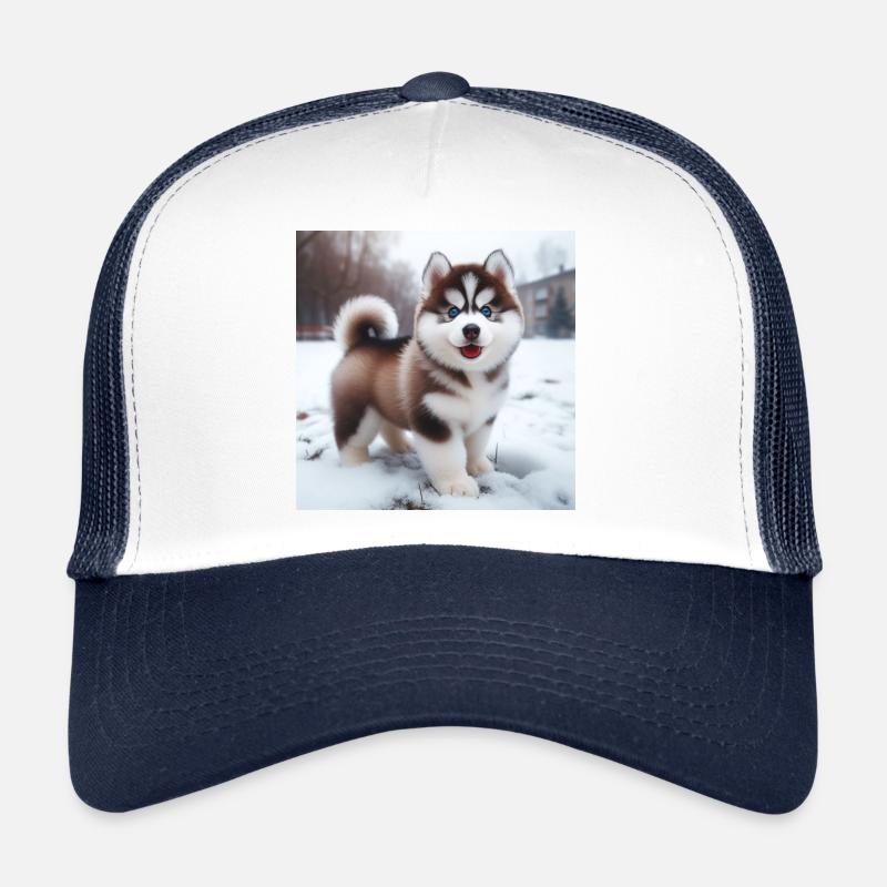 Chiot husky sibérien dans la neige - Casquette trucker  - blanc/marine