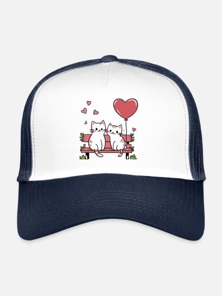 Couple de chats sur un banc de parc avec des cœurs - Casquette trucker  - blanc/marine - Devant