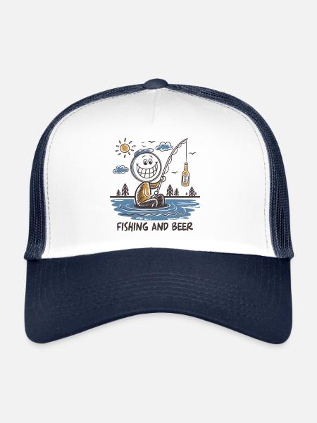 Funny stick figure drawing fishing beer - Trucker Cap - white/navy - Front