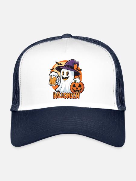 Fantôme d’Halloween avec de la bière et de la citrouille - Casquette trucker  - blanc/marine - Devant
