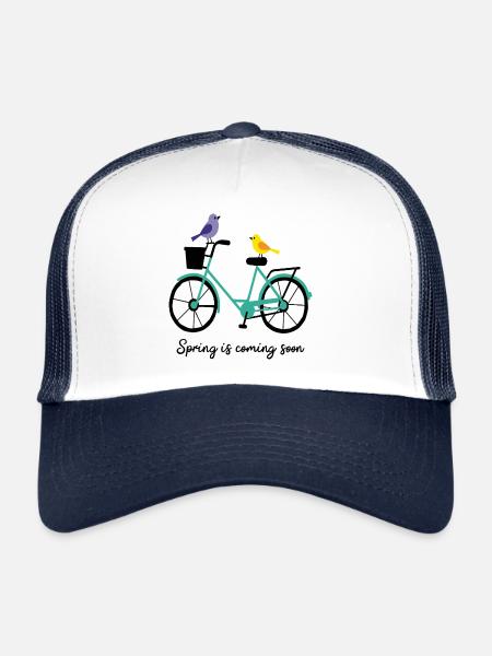 Le printemps arrive, vélo avec des oiseaux - Casquette trucker  - blanc/marine - Devant