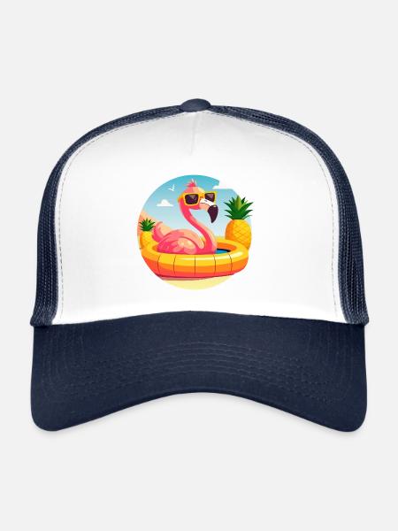 Flamant rose et ananas dessin vectoriel mignon - Casquette trucker  - blanc/marine - Devant
