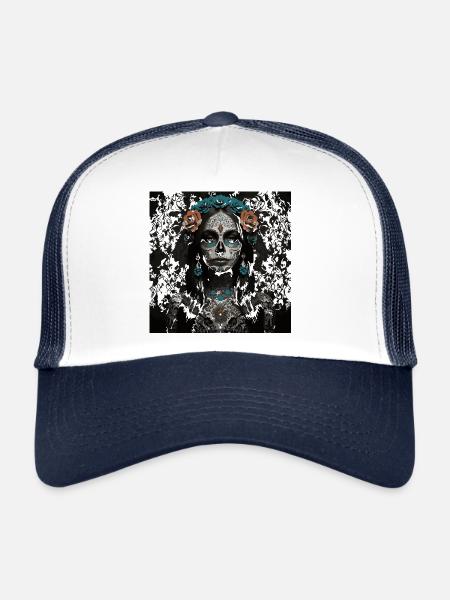 Dia de los Muertos Sugar Skull Portrait - Trucker Cap - white/navy - Front