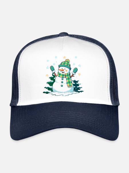 Bonhomme de neige joyeux dans la forêt d’hiver - Casquette trucker - blanc/marine