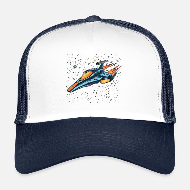 Retro futuristic spaceship moving fast into space - Casquette trucker  - blanc/marine