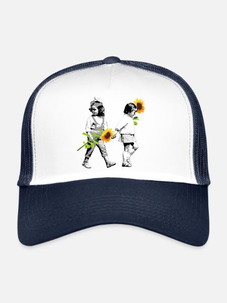 Flower Children | two little girls with sunflowers - Trucker Cap - white/navy - Front