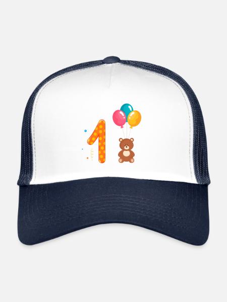 First Happy Birthday Teddy Bear with Air Balloons - Trucker Cap - white/navy - Front